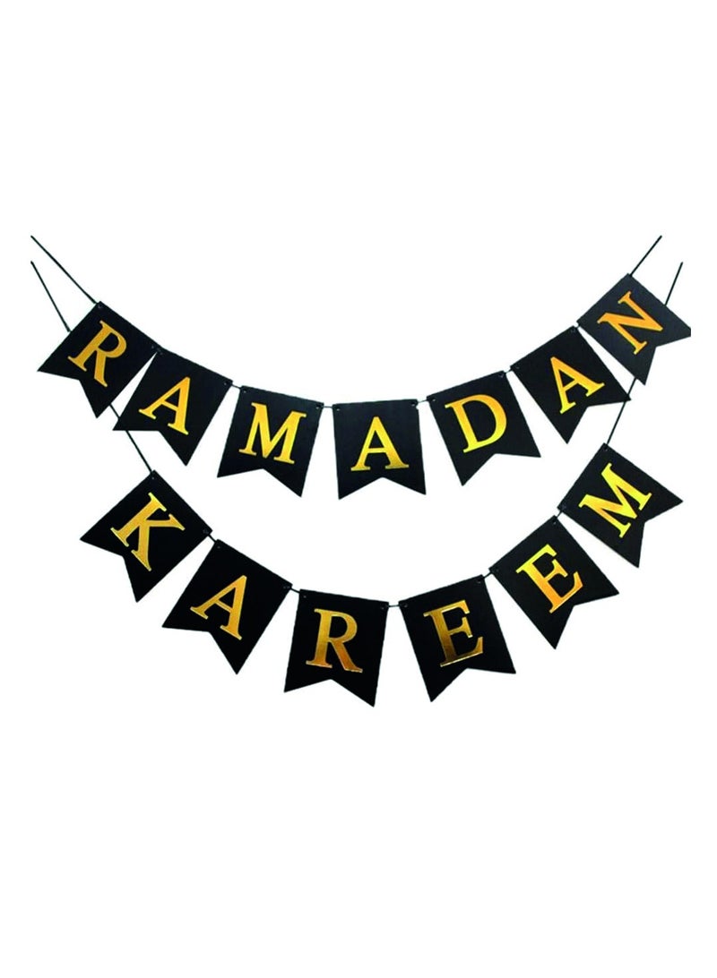 BrainGiggles Ramadan Kareem Mubarak Banner Garland - Eid Banner Flag, Ramadan Party Hanging Decorations - Black & Gold - Image 1